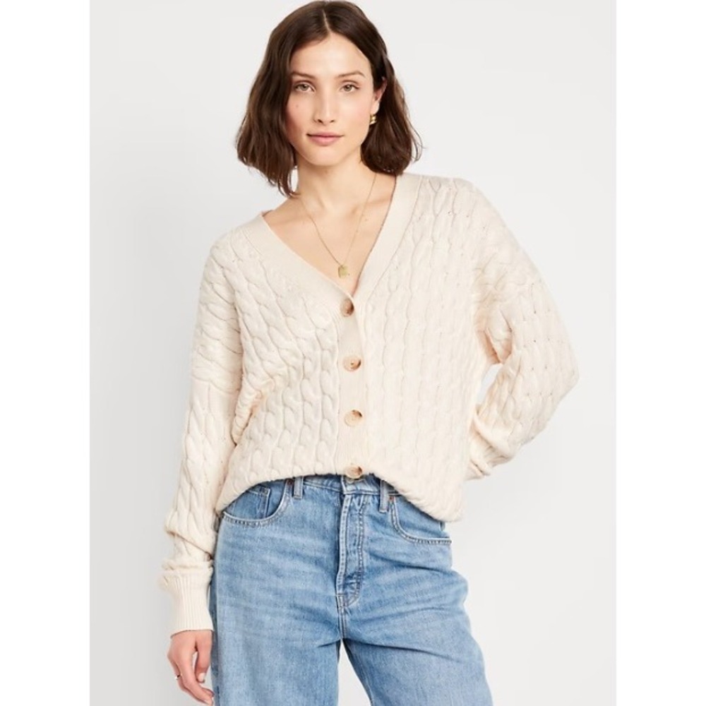 Old Navy Cable Knit Cardigan M Petite Cream Cotton Layering Coastal Grandma